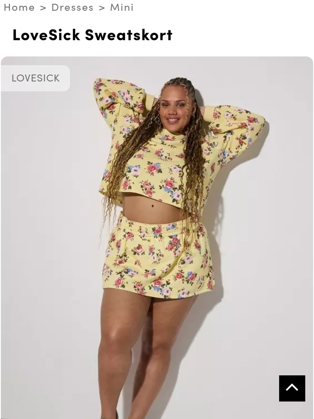 NWT Torrid Lovesick Yellow Floral Sweat Shirt and  Mini Skirt Set Sz 0